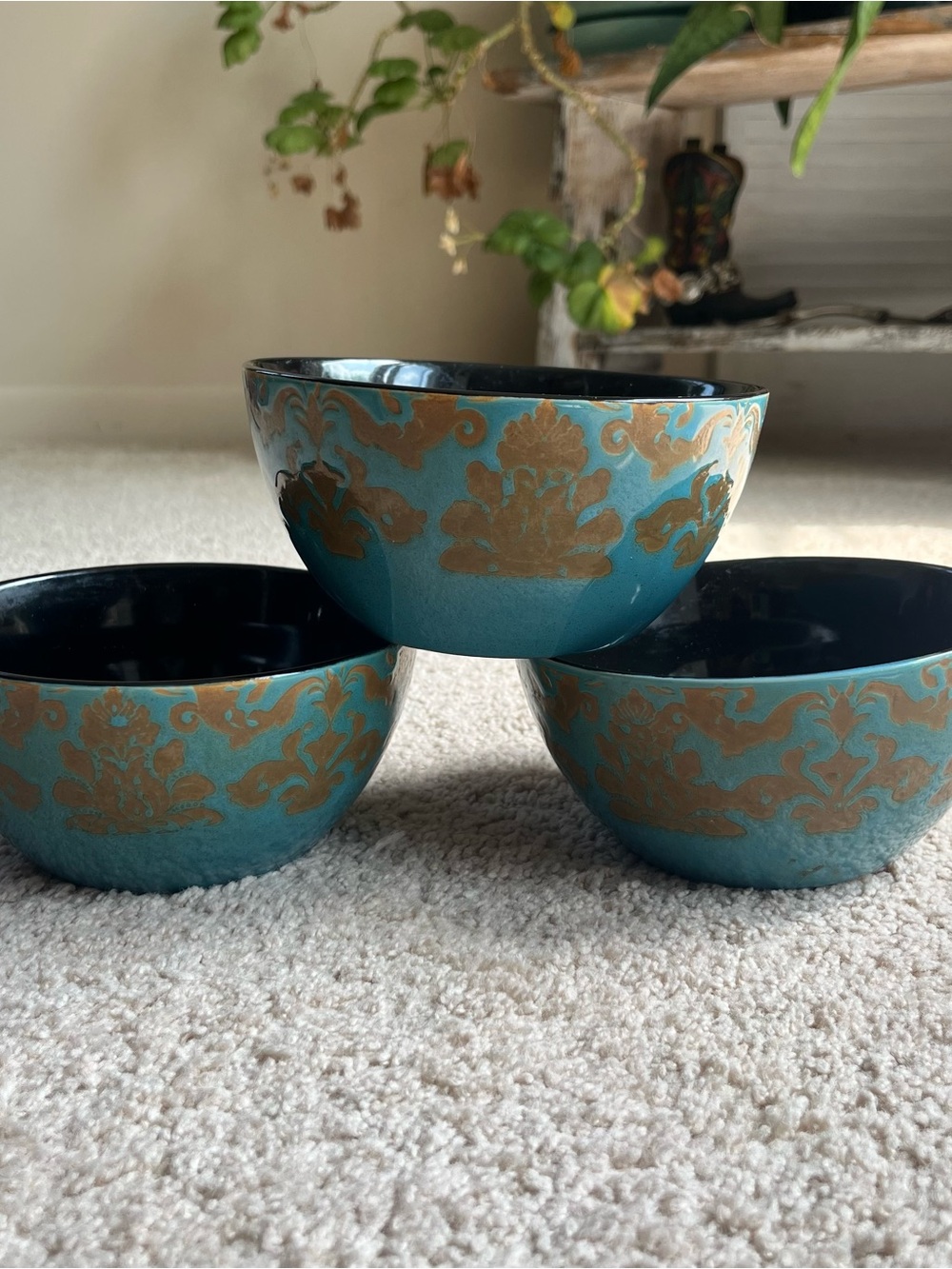 Pfaltzgraff Rare Turquoise and Gold Floral Motif Ceramic Bowl Set - Set of 3